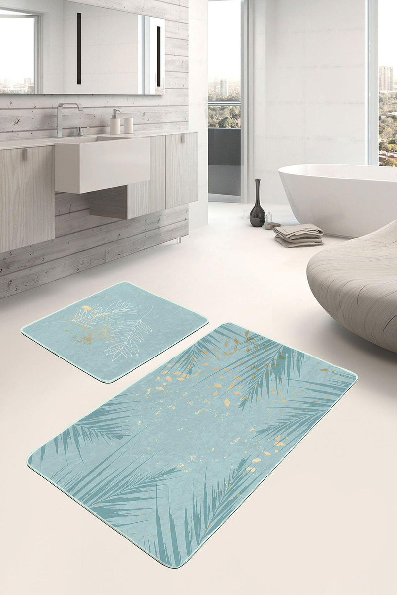 Mint Yeşili Temalı Yaprak Desenli 2li Banyo Paspas ve Halısı Takımı Kaymaz Taban Yıkanabilir