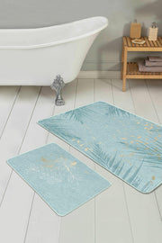 Mint Yeşili Temalı Yaprak Desenli 2li Banyo Paspas ve Halısı Takımı Kaymaz Taban Yıkanabilir