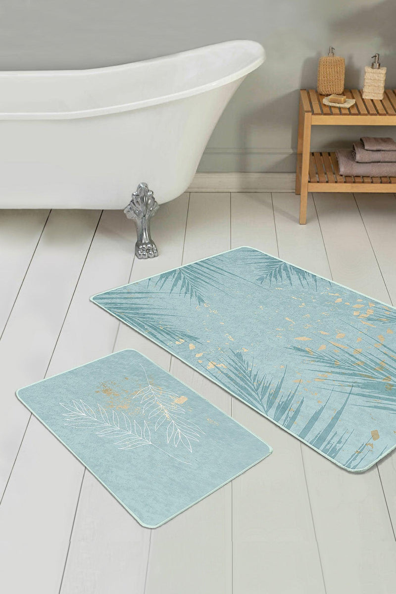 Mint Yeşili Temalı Yaprak Desenli 2li Banyo Paspas ve Halısı Takımı Kaymaz Taban Yıkanabilir