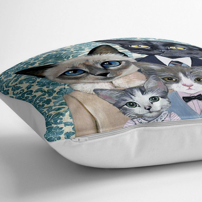 Modern Tasarım Kedi Ailesi Dijital Baskılı Dekoratif Kedi & Hayvan Minderi 70x70cm Dolgulu Yer Minderi Bonvagon