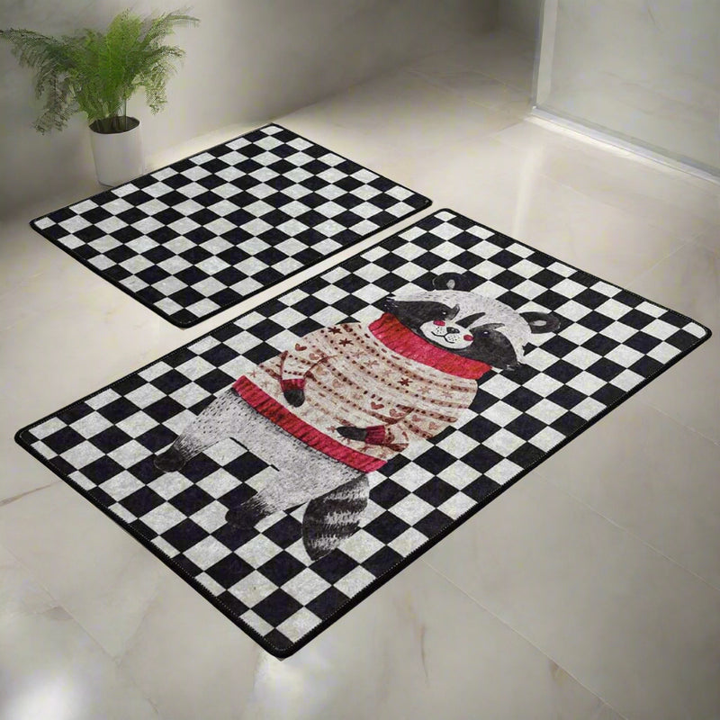 Mr Raccoon 2li Set Dijital Baskılı Banyo Halısı, Kaymaz Taban, Yıkanabilir Bonvagon