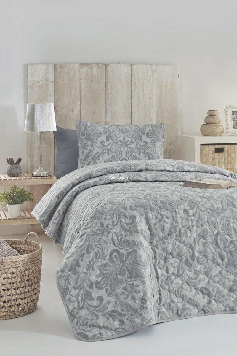 Muster Gri Kapitoneli Yatak Örtüsü Seti (Çarşafsız) %100 Doğal Pamuk Ranforce Bonvagon