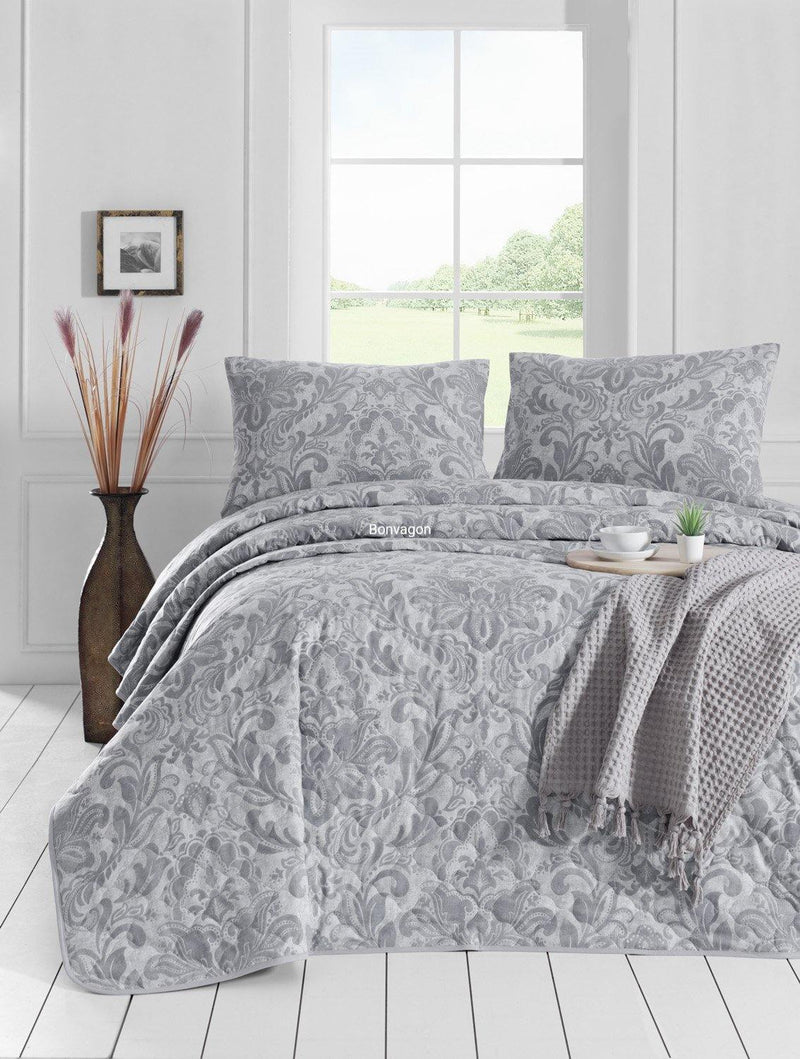 Muster Gri Kapitoneli Yatak Örtüsü Seti (Çarşafsız) %100 Doğal Pamuk Ranforce Bonvagon