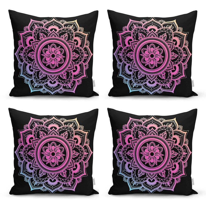 Neon Mandala Tasarım Dijital Baskılı Modern 4lü Yastık Kırlent Kılıf Seti