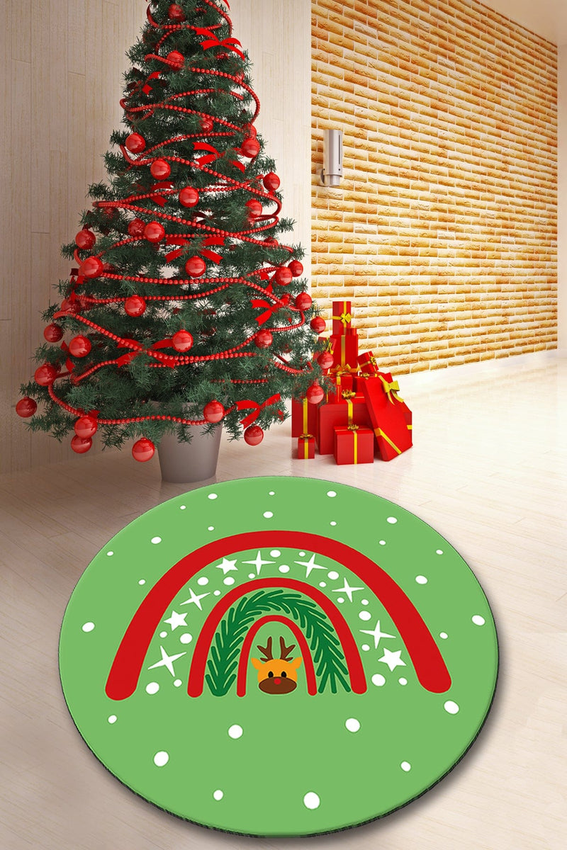 New Year Deer Dijital Baskılı Yuvarlak Banyo Halısı, Kaymaz Taban, Yıkanabilir Bonvagon