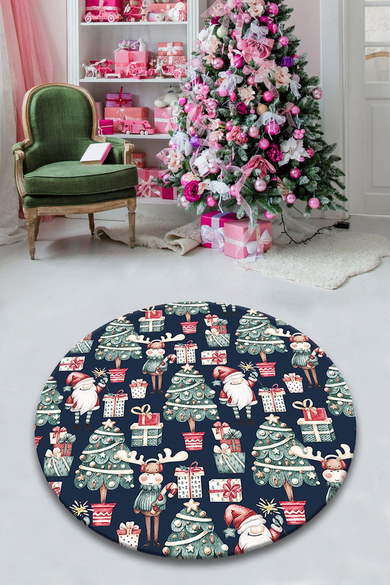 New Year Icons Dijital Baskılı Yuvarlak Banyo Halısı, Kaymaz Taban, Yıkanabilir Bonvagon