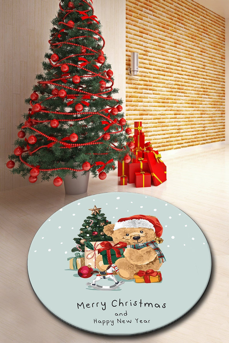 New Year Teddy Dijital Baskılı Yuvarlak Banyo Halısı, Kaymaz Taban, Yıkanabilir Bonvagon