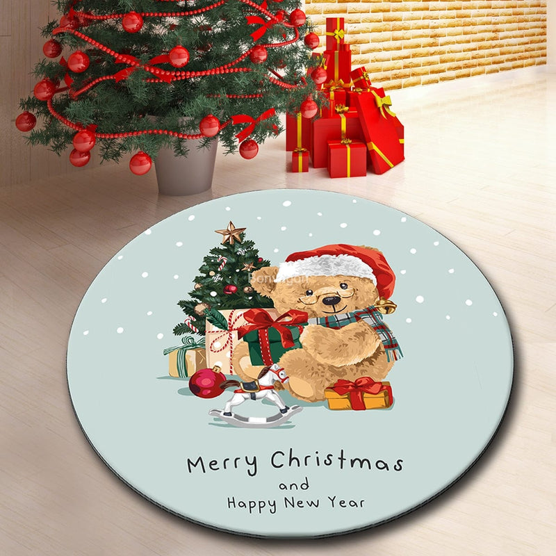 New Year Teddy Dijital Baskılı Yuvarlak Banyo Halısı, Kaymaz Taban, Yıkanabilir Bonvagon
