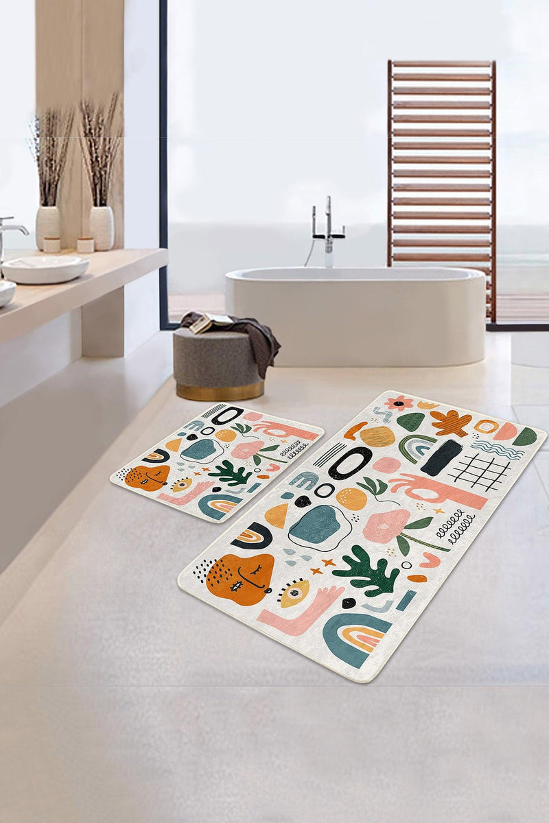 Onedraw Minimal Tasarımlı Dijital Baskılı 2li Banyo Paspas ve Halısı Takımı Kaymaz Taban Yıkanabilir