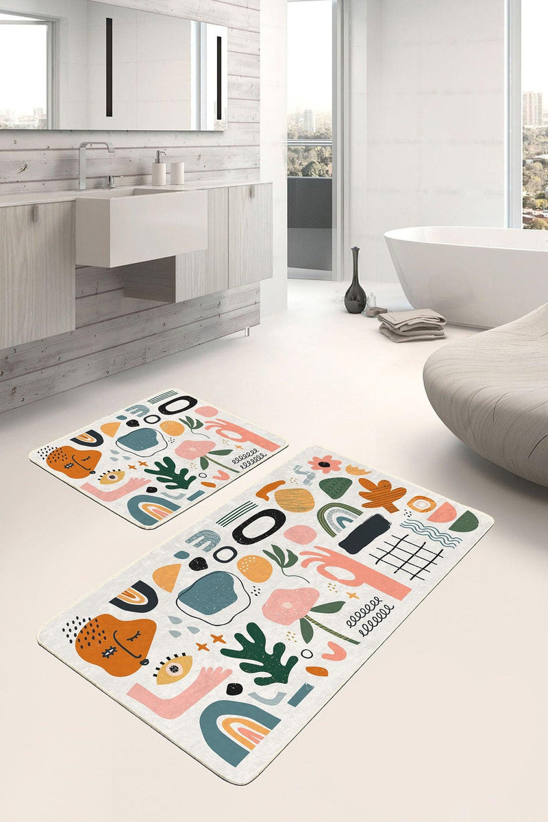 Onedraw Minimal Tasarımlı Dijital Baskılı 2li Banyo Paspas ve Halısı Takımı Kaymaz Taban Yıkanabilir