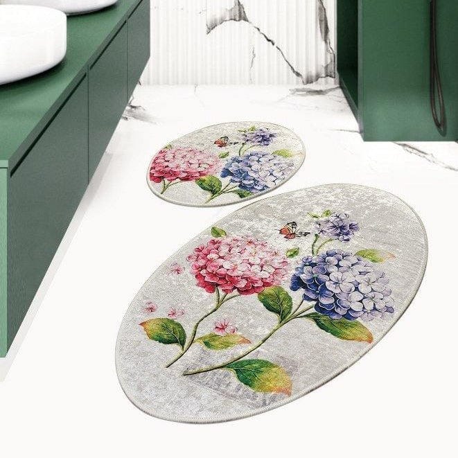 Ortanca 2li Set Dijital Baskılı Banyo Halısı, Kaymaz Taban, Yıkanabilir Bonvagon