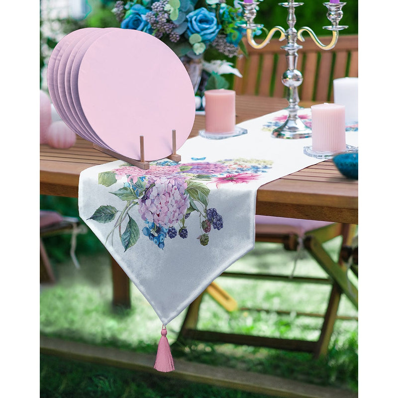 Ortanca Çiçeği Tasarımlı Üçgen Püsküllü Runner 1 Adet & 6 Adet Pembe Renkli Supla Bonvagon