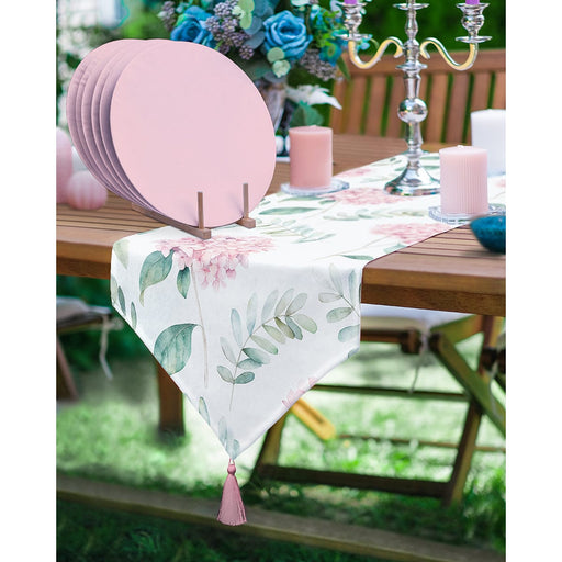 Ortanca Çiçeği Tasarımlı Üçgen Püsküllü Runner 1 Adet & 6 Adet Pembe Renkli Supla Bonvagon