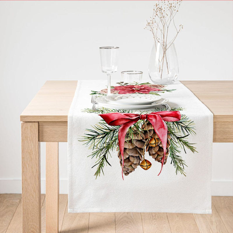 Özel Tasarım Kurdeleli Kozalak Motifli Dijital Baskılı Dekoratif Süet Runner Bonvagon