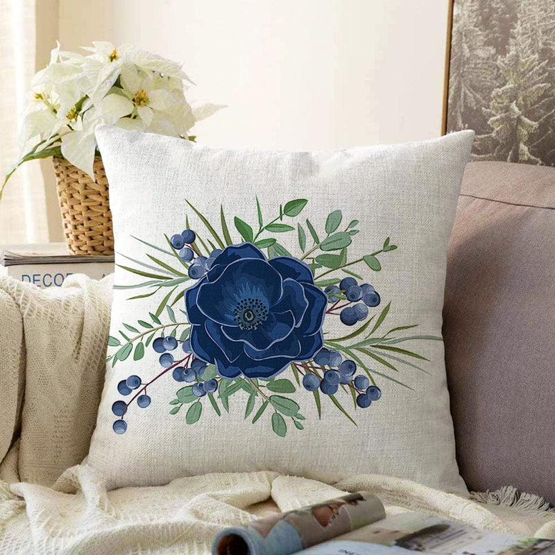 Pastel Mavi Gül Desenli Dijital Baskılı Modern Raşel Kadife Yastık Kırlent Kılıfı Bonvagon