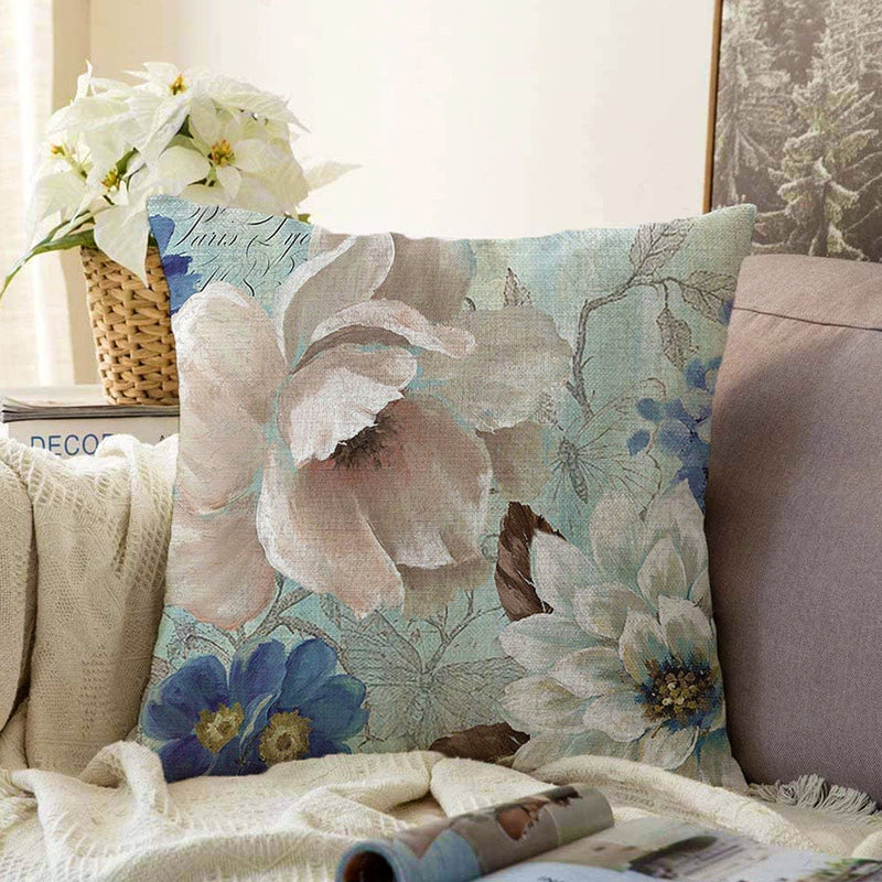 Pastel Renkli Beyaz Mavi Gül Motifleri Guaj Boya Özel Tasarımlı Yastık Kırlent Kılıfı Bonvagon