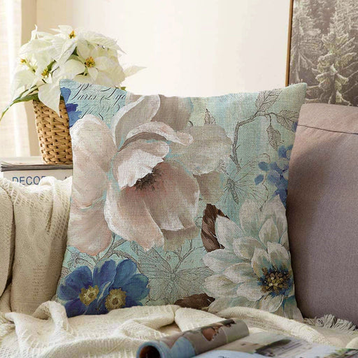 Pastel Renkli Beyaz Mavi Gül Motifleri Guaj Boya Özel Tasarımlı Yastık Kırlent Kılıfı Bonvagon