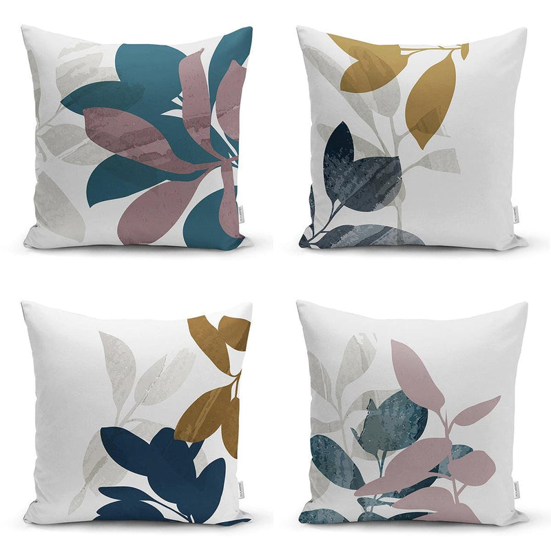 Pastel Renkli Yaprak Tasarımlı Dijital Baskılı Modern 4lü Kırlent Kılıfı Seti Bonvagon