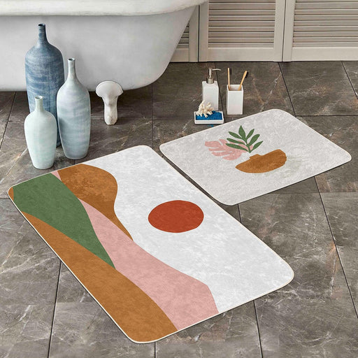 Pastel Renkli Zemin Onedraw Çizimli Dijital Baskılı 2li Banyo Halısı Takımı Kaymaz Taban Yıkanabilir Bonvagon