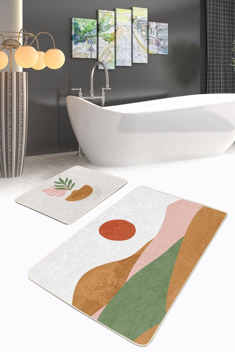 Pastel Renkli Zemin Onedraw Çizimli Dijital Baskılı 2li Banyo Paspas ve Halısı Takımı Kaymaz Taban Yıkanabilir