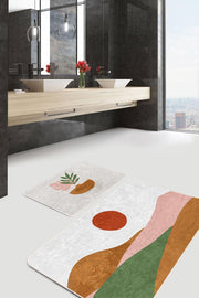 Pastel Renkli Zemin Onedraw Çizimli Dijital Baskılı 2li Banyo Paspas ve Halısı Takımı Kaymaz Taban Yıkanabilir
