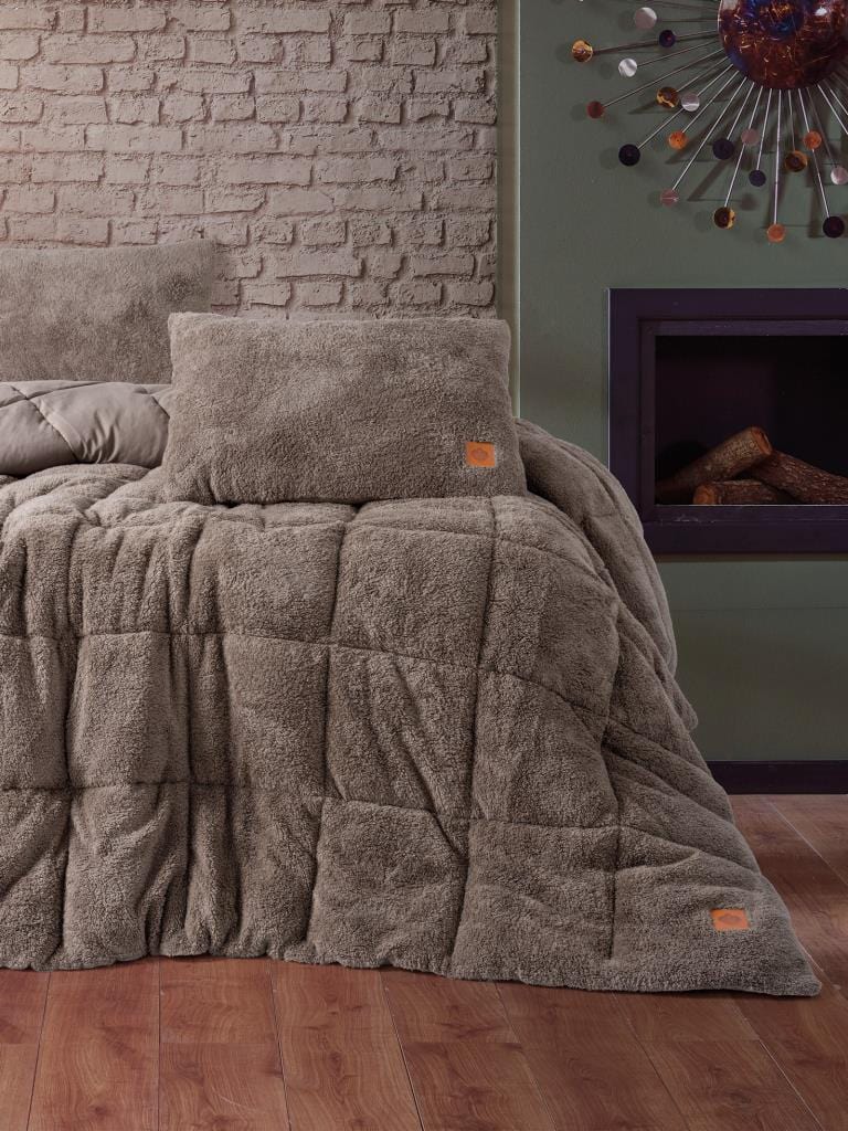 Peluş çift Kişilik Yorgan Seti Bej Bonvagon