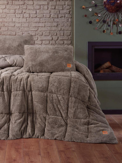 Peluş çift Kişilik Yorgan Seti Bej Bonvagon