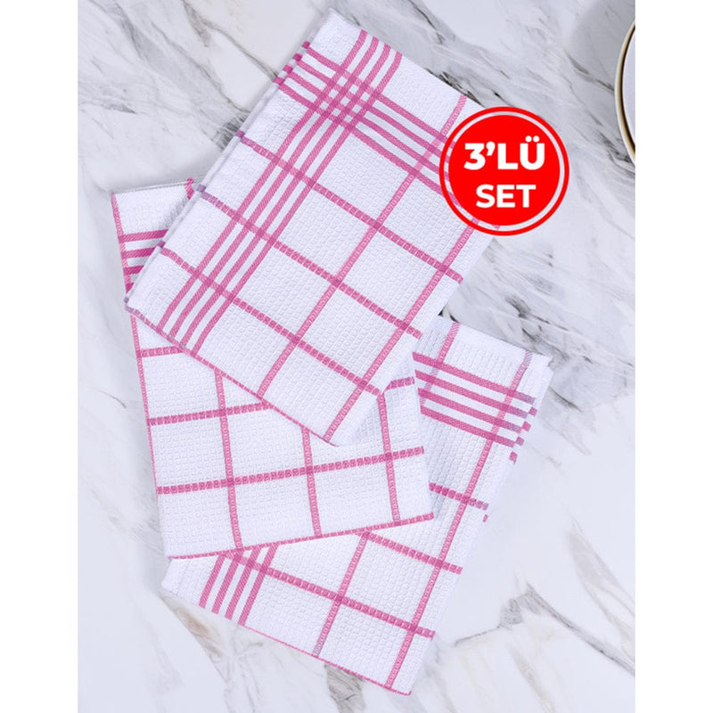 Pembe 3lü Kareli Set Kurulama Bezi Pamuklu Mutfak Havlusu Çok Amaçlı Örtü 50x70cm Bonvagon