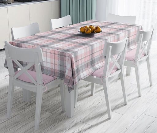 Pembe Gri Ekose Desenli Dekoratif Leke Tutmaz Masa Örtüsü