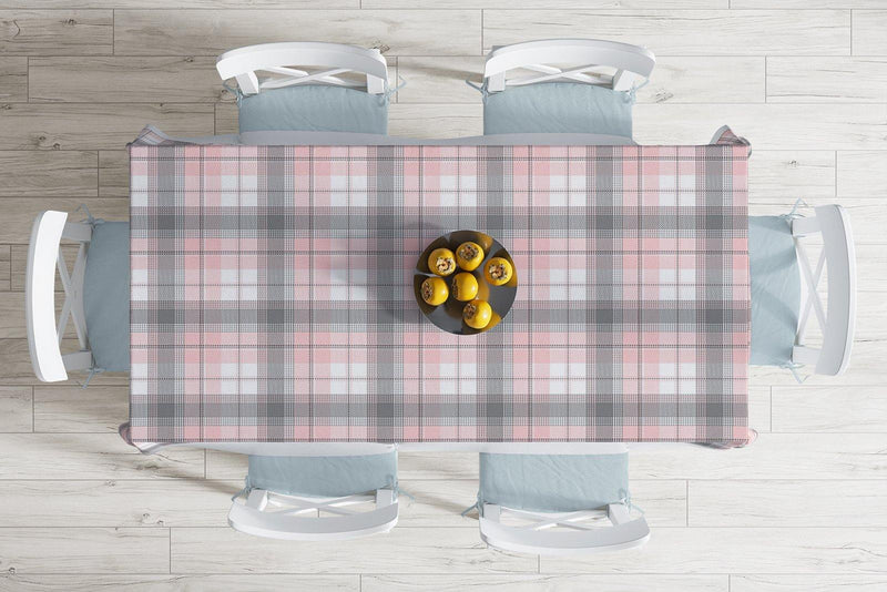 Pembe Gri Ekose Desenli Dekoratif Leke Tutmaz Masa Örtüsü Bonvagon