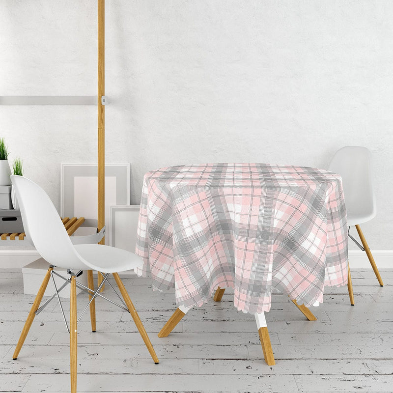 Pembe Gri Ekose Desenli Dekoratif Leke Tutmaz Masa Örtüsü Bonvagon