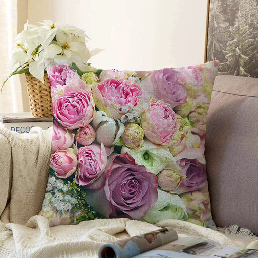 Pembe Güller Raşel Kadife Kumaş Çift Taraflı Dijital Baskılı Dekoratif Yastık Kırlent Kılıfı 43x43cm