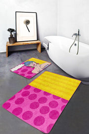 Pembe Sarı Pop-Art Motifli 2li Banyo Paspas ve Halısı Takımı Kaymaz Taban Yıkanabilir