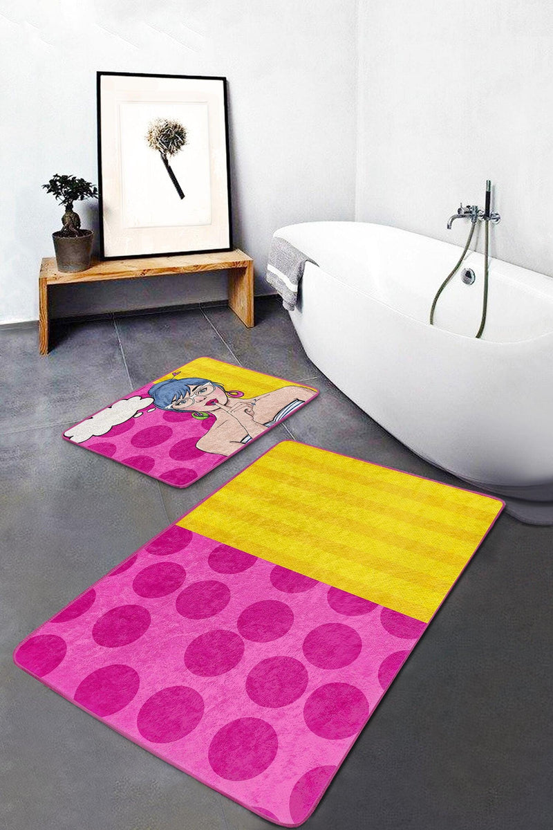 Pembe Sarı Pop-Art Motifli 2li Banyo Paspas ve Halısı Takımı Kaymaz Taban Yıkanabilir