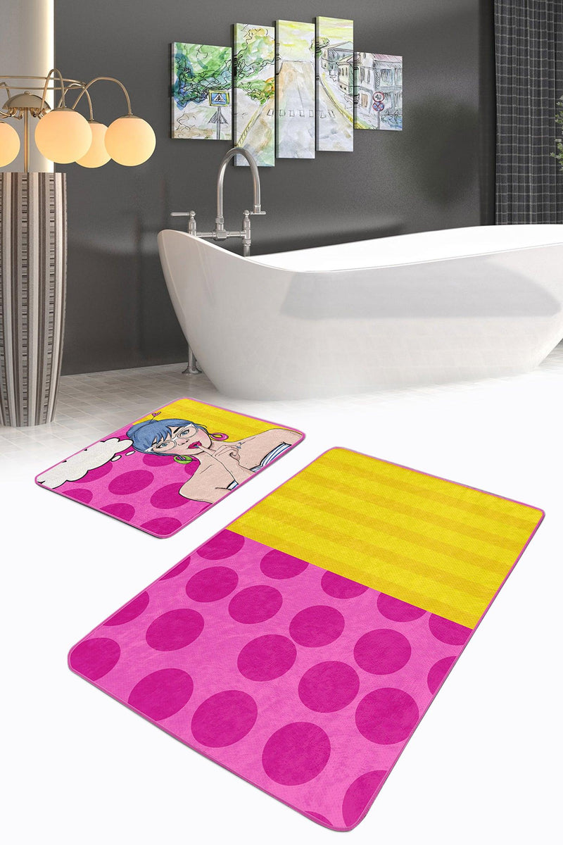 Pembe Sarı Pop-Art Motifli 2li Banyo Paspas ve Halısı Takımı Kaymaz Taban Yıkanabilir
