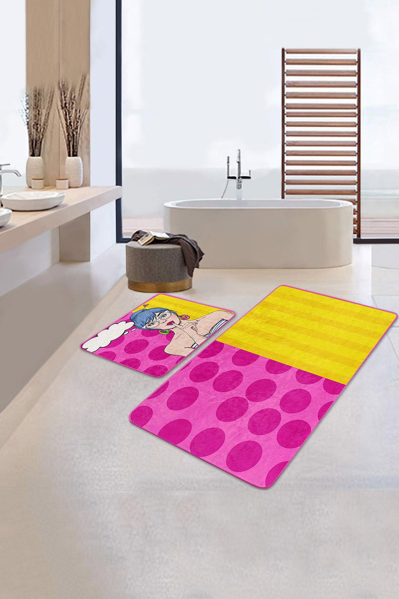 Pembe Sarı Pop-Art Motifli 2li Banyo Paspas ve Halısı Takımı Kaymaz Taban Yıkanabilir