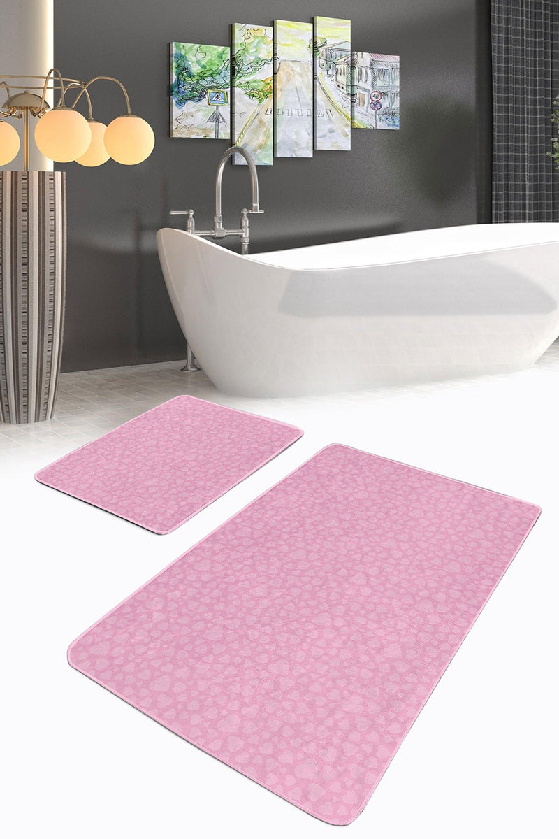 Pembe Temalı Love Tasarımlı Dijital Baskılı 2li Banyo Paspas ve Halısı Takımı Kaymaz Taban Yıkanabilir