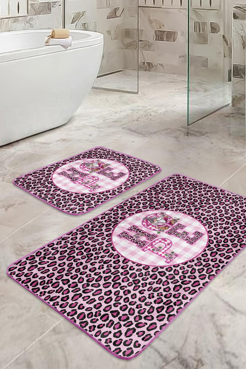 Pembe Zebra Motifli Hope Temalı 2li Banyo Paspas ve Halısı Takımı Kaymaz Taban Yıkanabilir