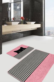 Pembe Zemin Çizgili Kedi Özel Tasarım 2li Banyo Halısı Takımı Kaymaz Taban Yıkanabilir Bonvagon