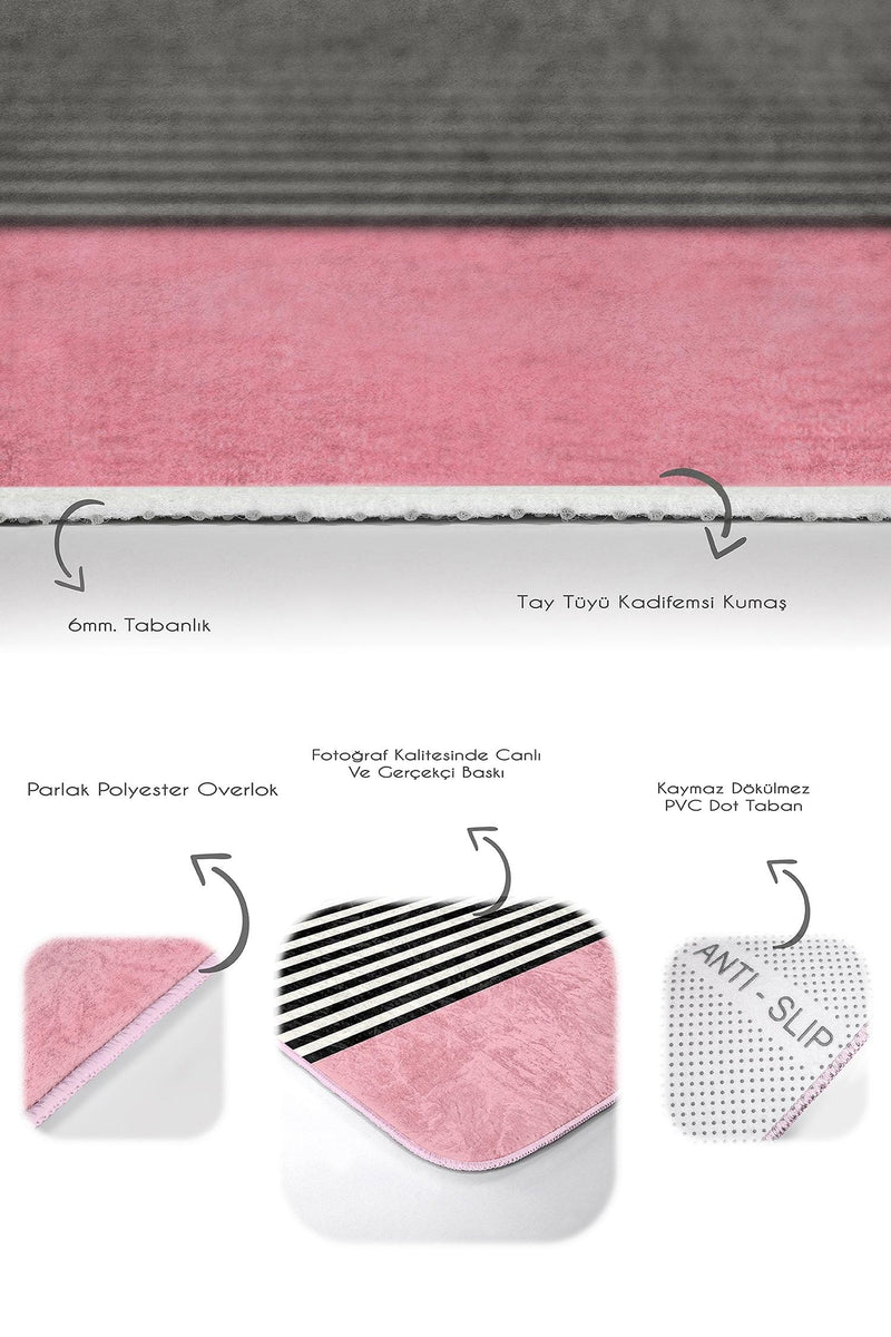 Pembe Zemin Çizgili Kedi Özel Tasarım 2li Banyo Halısı Takımı Kaymaz Taban Yıkanabilir Bonvagon