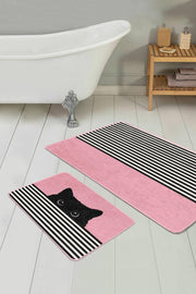 Pembe Zemin Çizgili Kedi Özel Tasarım 2li Banyo Paspas ve Halısı Takımı Kaymaz Taban Yıkanabilir