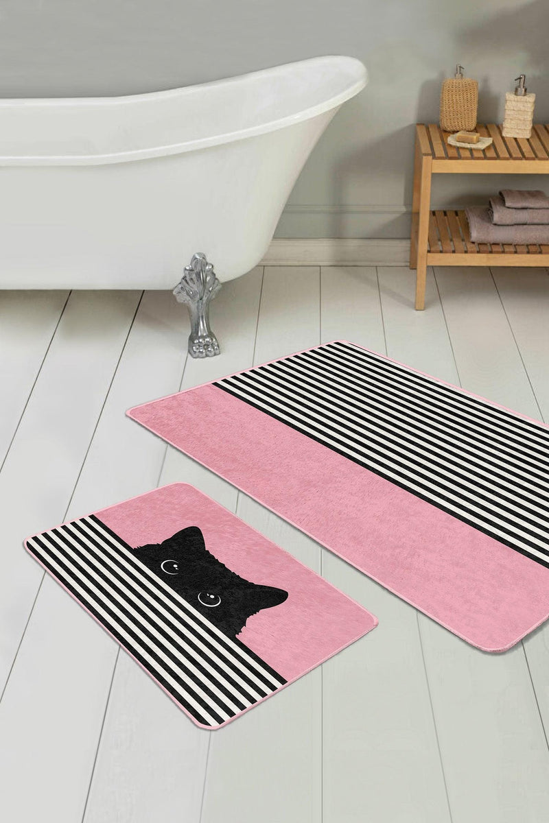 Pembe Zemin Çizgili Kedi Özel Tasarım 2li Banyo Paspas ve Halısı Takımı Kaymaz Taban Yıkanabilir