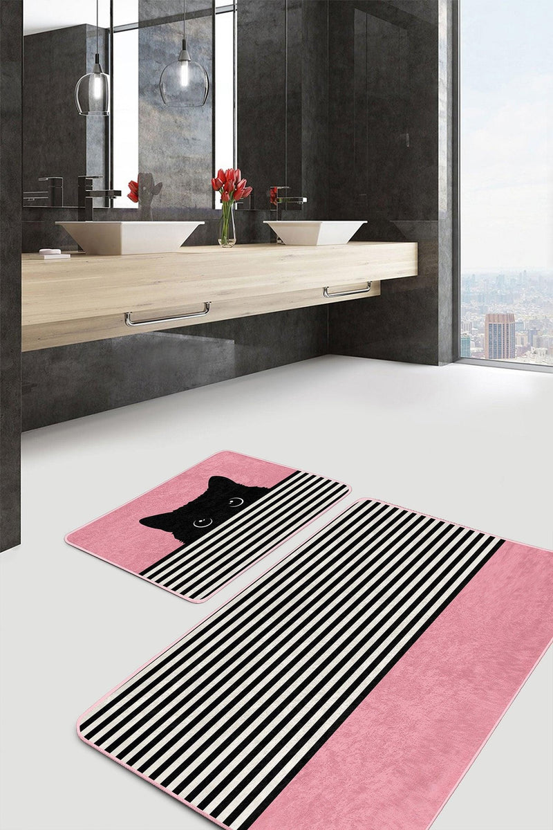 Pembe Zemin Çizgili Kedi Özel Tasarım 2li Banyo Paspas ve Halısı Takımı Kaymaz Taban Yıkanabilir