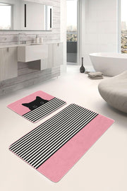 Pembe Zemin Çizgili Kedi Özel Tasarım 2li Banyo Paspas ve Halısı Takımı Kaymaz Taban Yıkanabilir