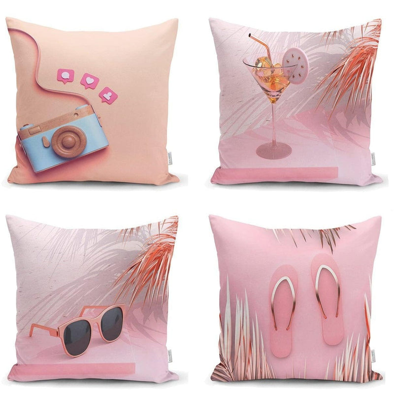 Pembe Zemin Dekoratif 4lü Yastık Kırlent Kılıf Seti Bonvagon