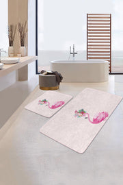 Pembe Zemin Flamingo Özel Tasarım 2li Banyo Halısı Takımı Kaymaz Taban Yıkanabilir Bonvagon