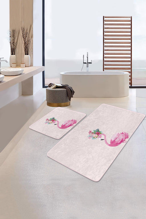 Pembe Zemin Flamingo Özel Tasarım 2li Banyo Halısı Takımı Kaymaz Taban Yıkanabilir Bonvagon