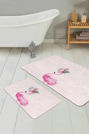 Pembe Zemin Flamingo Özel Tasarım 2li Banyo Halısı Takımı Kaymaz Taban Yıkanabilir Bonvagon