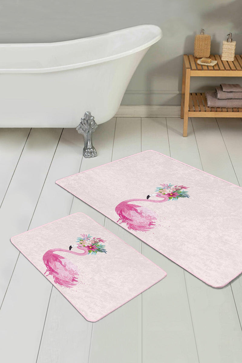Pembe Zemin Flamingo Özel Tasarım 2li Banyo Halısı Takımı Kaymaz Taban Yıkanabilir Bonvagon