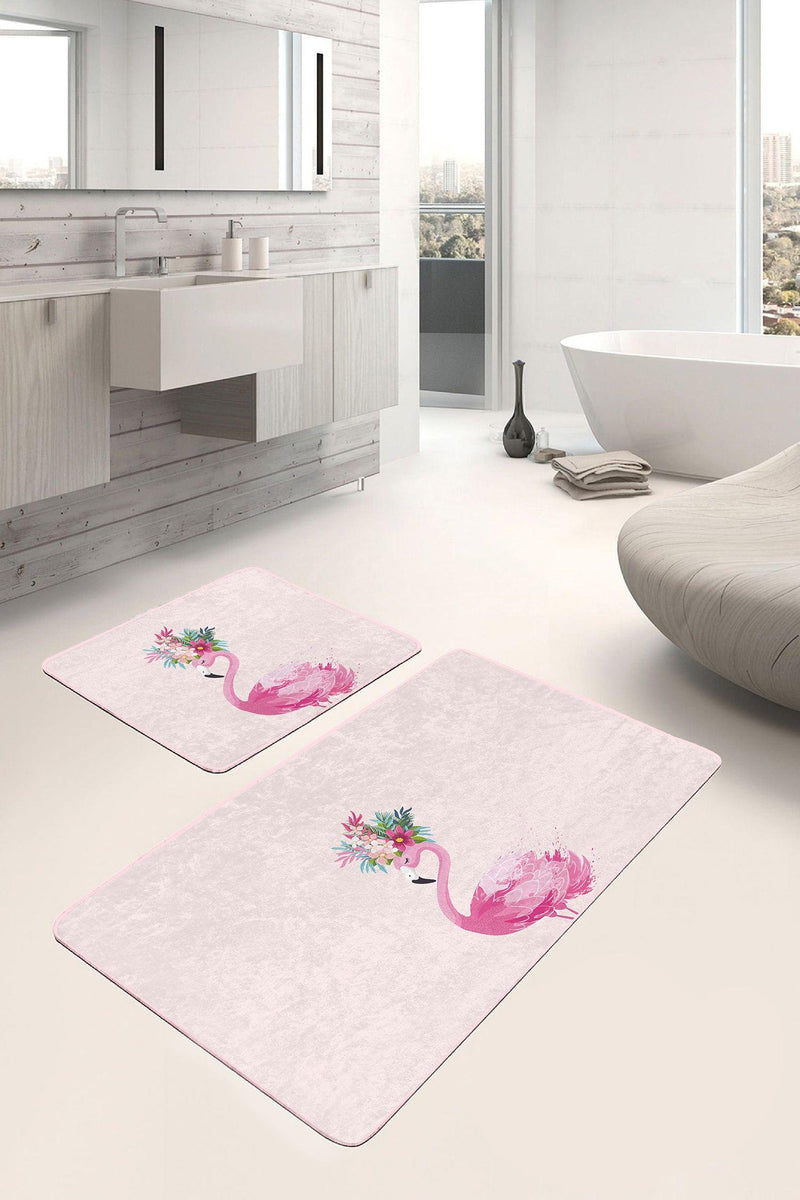 Pembe Zemin Flamingo Özel Tasarım 2li Banyo Paspas ve Halısı Takımı Kaymaz Taban Yıkanabilir